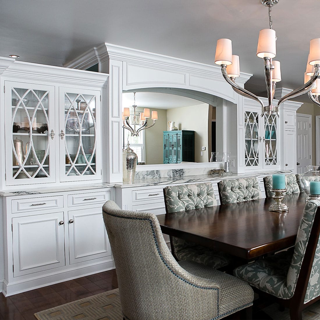 custom dining storage with white marble buffet